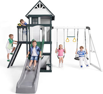 Wooden Swing Sets Playground with Slide Outdoor Playset All-in-One, White | Premium Solid Pine Wood, Lets 10 Children