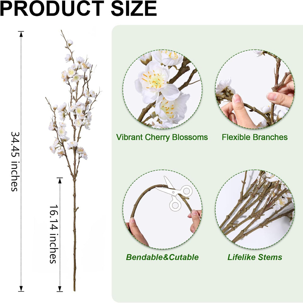 Artificial Cherry Blossom Branches Spring Indoor Decoration, Faux Flowers 34.45" Long Stems Plum Fake Peach - Set of 6