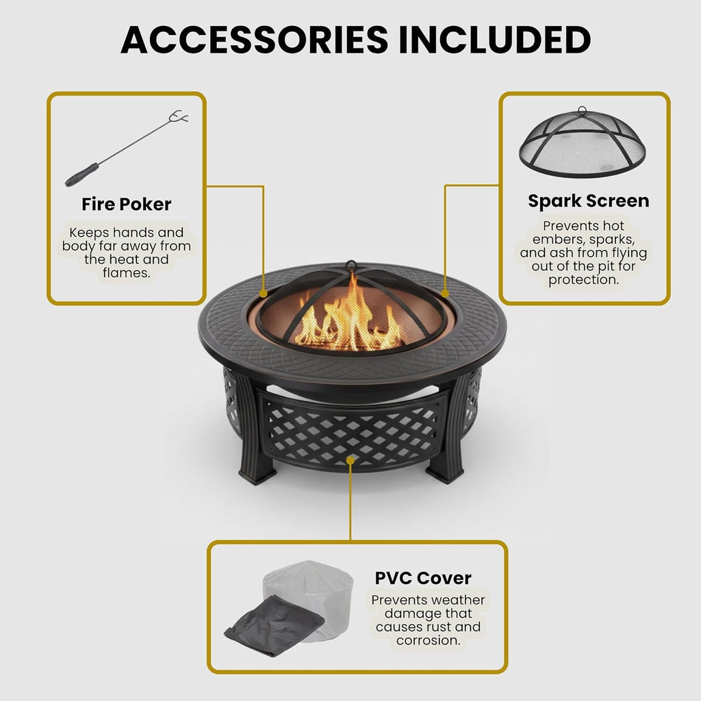 Fire Pit - 32-Inch Outdoor Fireplace with Spark Screen, Poker, and Cover - Wood-Burning Fire Pit
