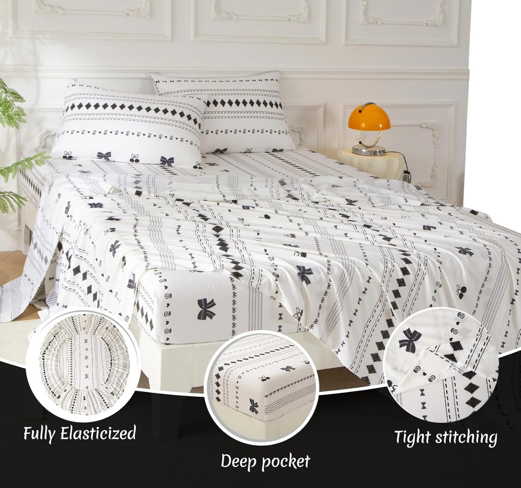 7PCS Bow Floral, Cherry Comforter and Sheet Set Queen Size, Boho Print Pattern Bedding Sets for Man Woman Adult