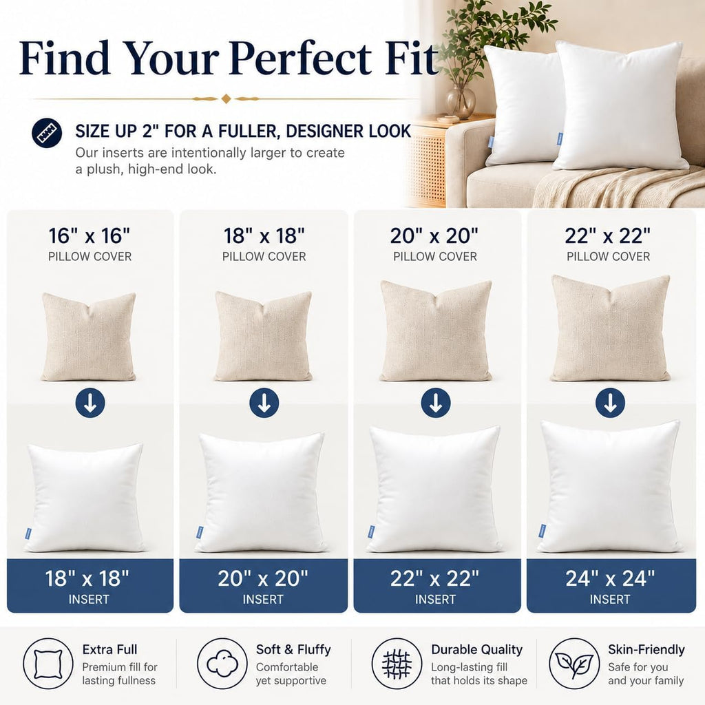 22x22 Throw Pillow Inserts-100% Cotton Cover - Set of 2