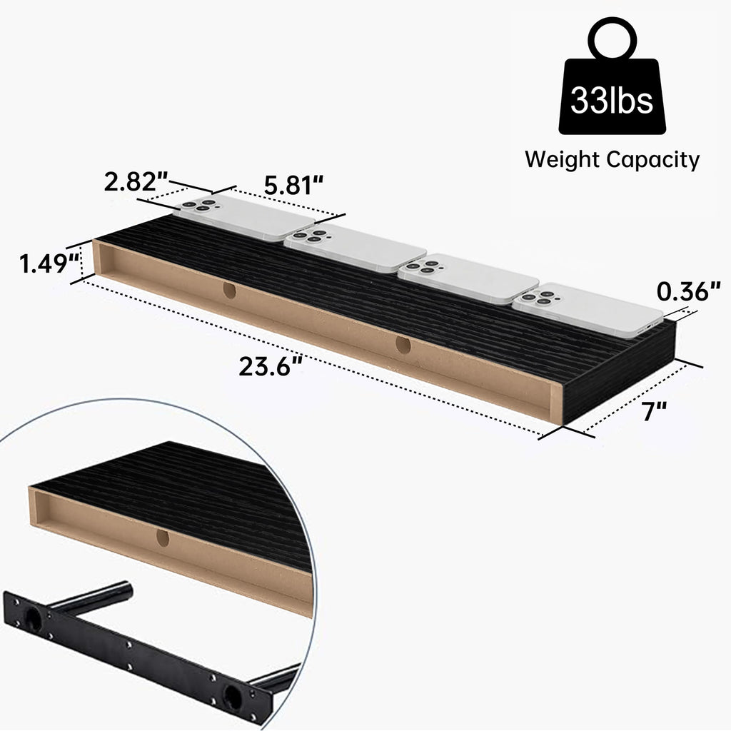Black Modern Floating Shelves for Wall, 24 Inch Long Shelf Set of 2