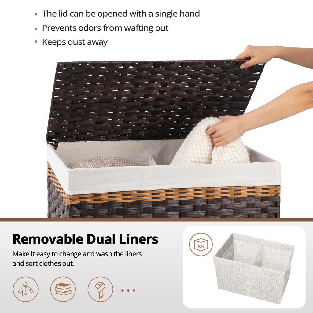 Storage Basket with Lid, 27.7 Gallon (105L) Blanket Basket with Removable Liner Bag, Synthetic Wicker Hamper with