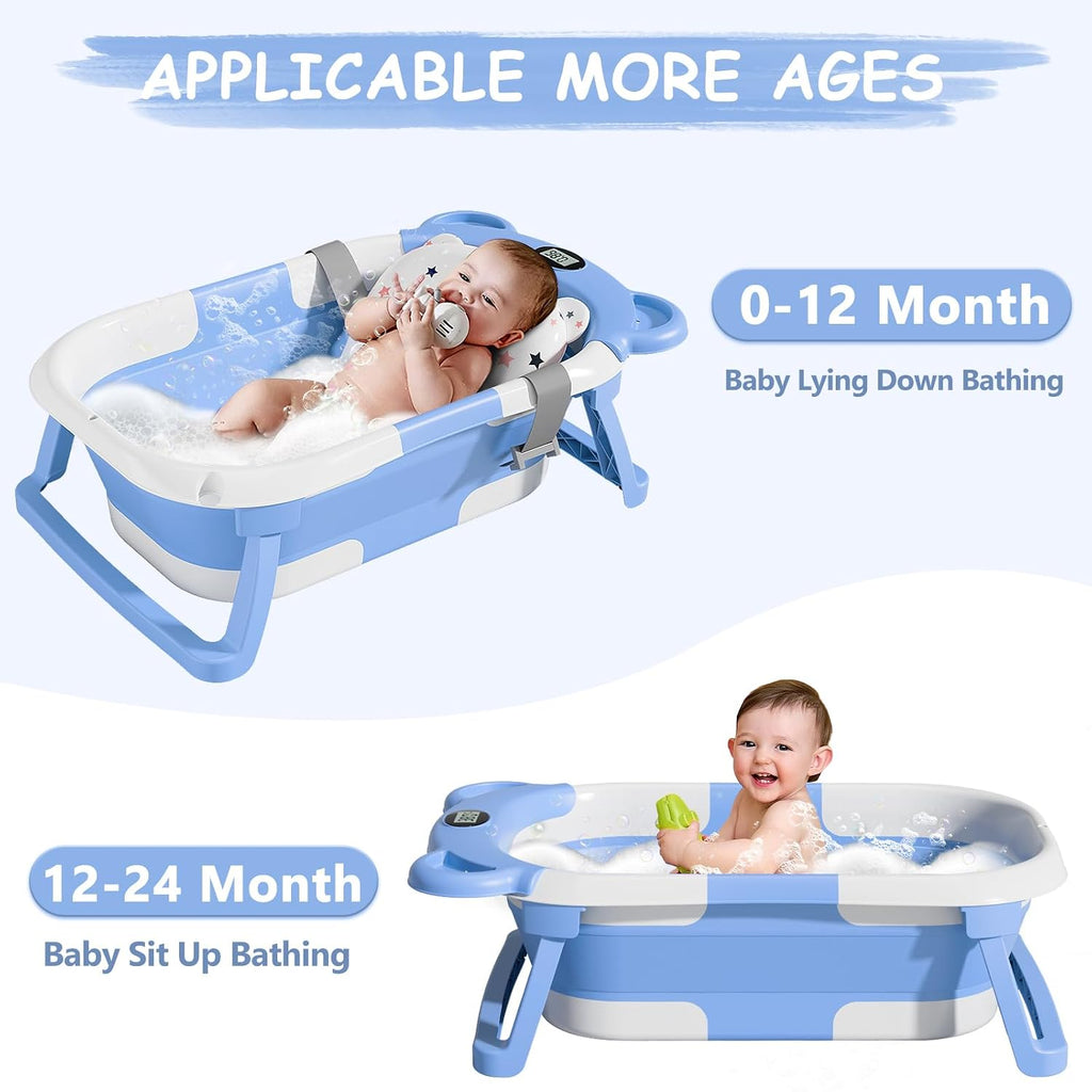 Collapsible Baby Bathtub for Newborn with Thermometer & 1 Hooded Towel & 1 Soft Floating Cushion,Portable Travel