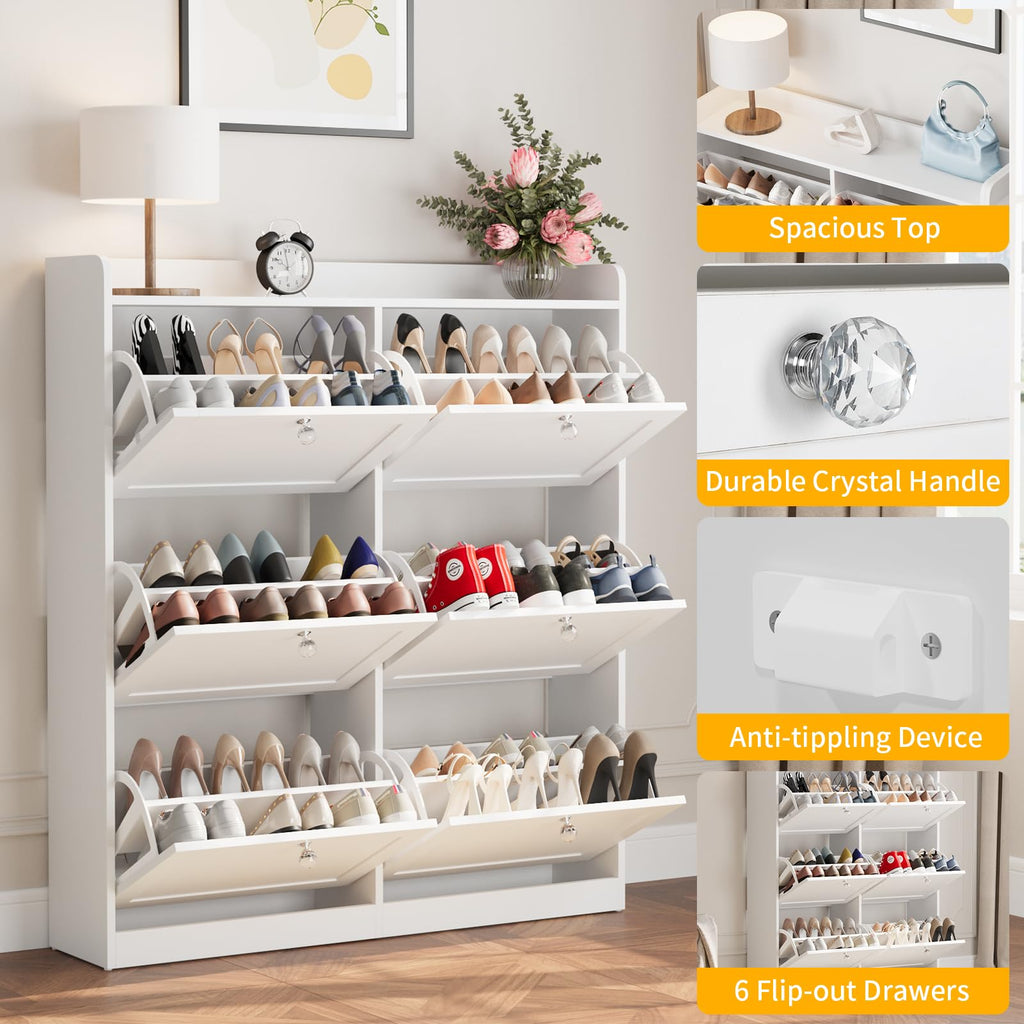 Large Shoe Storage Cabinet with 6 Flip Drawers, Freestanding Shoe Organizer with Open Storage & Crystal Handle, Slim