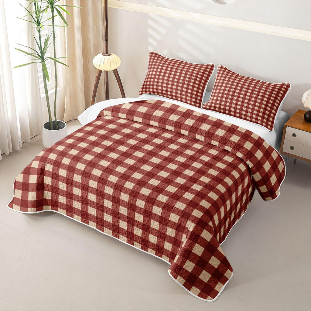Square Gingham Quilted Bedspread Set, Retro Burgundy Red Beige Plaid Microfiber Lightweight, Neutral Farmhouse Check