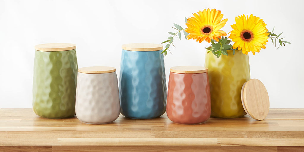 Kitchen Accessories Collection, Textured Matte Ceramic Canister Set, Sage, Dimple, 2 Piece