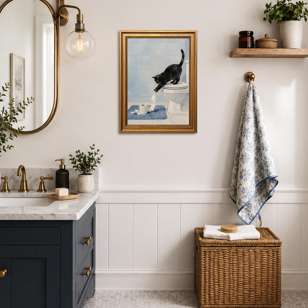 Vintage Gold Framed Funny Bathroom Canvas Wall Art, Cute Black Cat Toilet Paper Pictures Wall Decor, Whimsical Animal