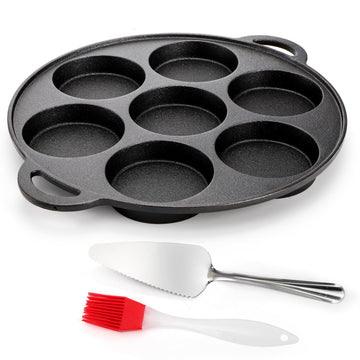 Cast Iron Muffin Pan, 7 Impressions Biscuit Pan with Handle, Pancake Mini Cake Pan with Spreader and Shovel for