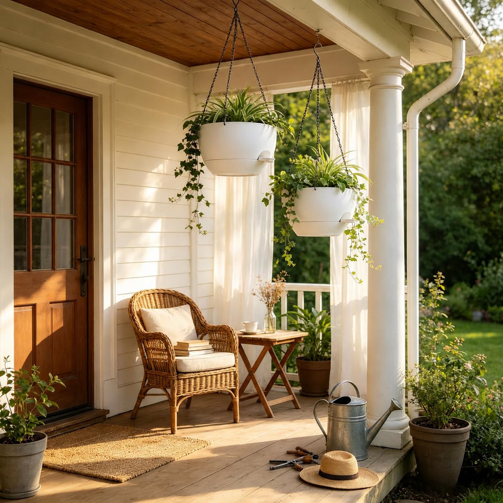12" Self Watering Hanging Planters with Chains, White, 2 Pack