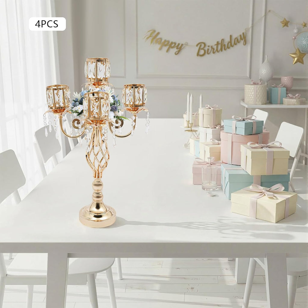 5-Arm Gold Crystal Candle Holder Set of 4, Elegant Table Centerpiece | Electroplated Iron Candelabra for Weddings &