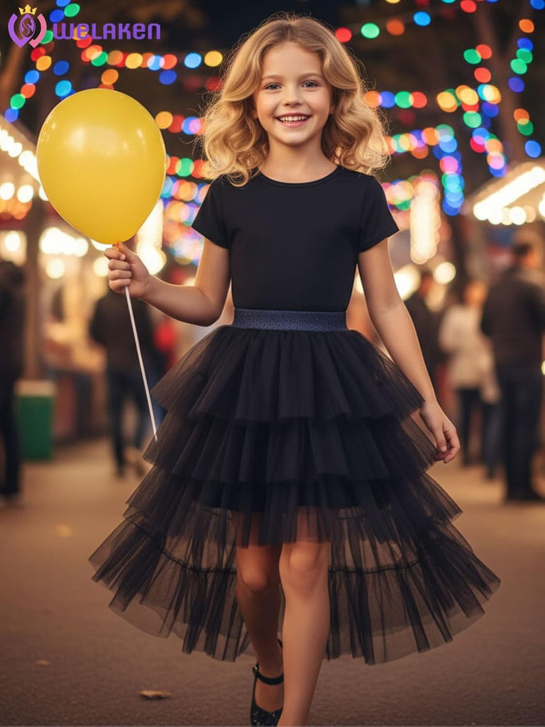 Girls Layered Tulle Skirts Flowy Mesh Elastic Waist Midi Tutu Skirt