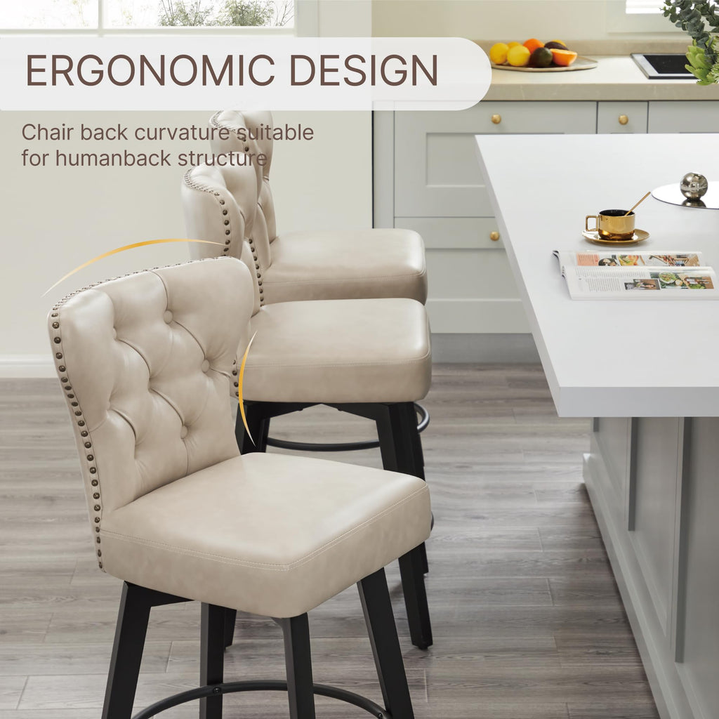 Counter Height Barstools 26 inch Upholstered Button Tufted Swivel Bar Stools with Back and Wood Legs Island, Set of