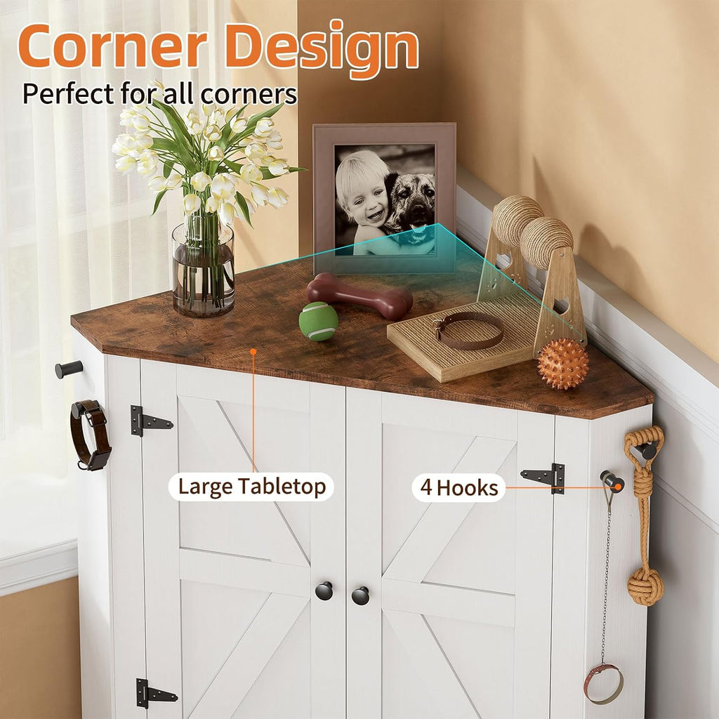 Farmhouse Dog Food Storage Corner Cabinet, Dog Feeding Station with 2 Hidden Bowls, Adjustable Panel, 4 Hooks, Pet