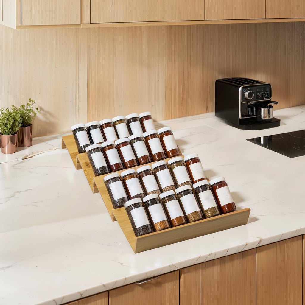Bamboo Spice Rack For Drawer,4Pcs Tier Stackable Seasoning Storage Organizer Insert, Condiments Storage Insert(Jars