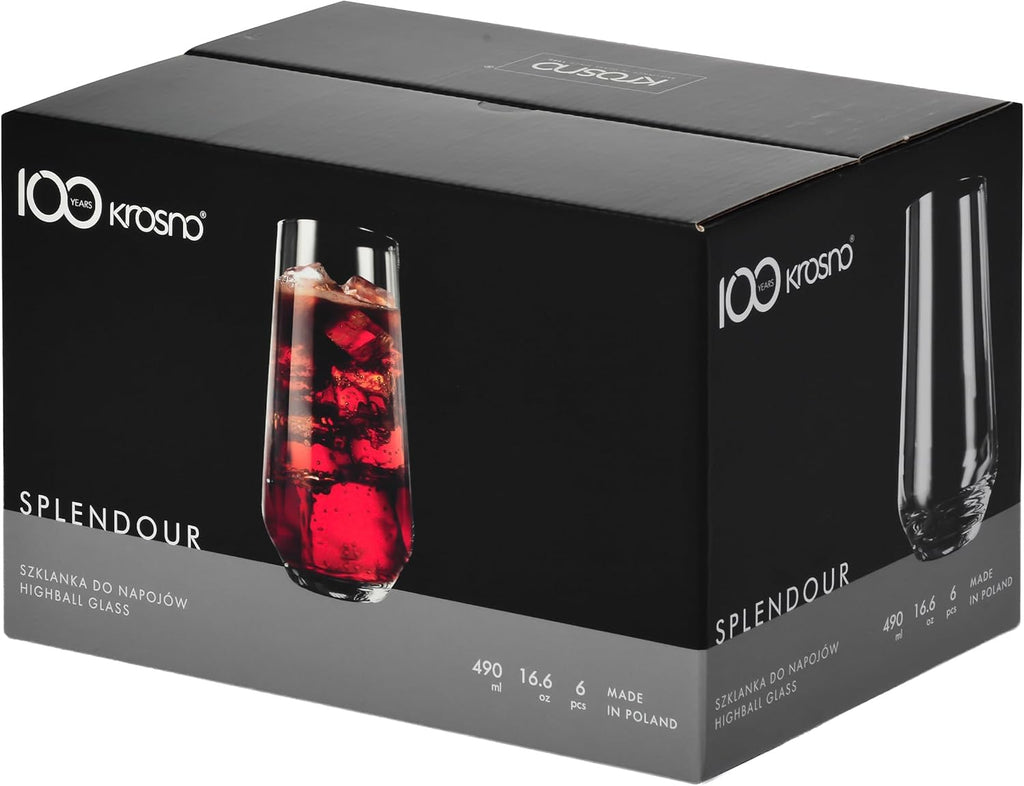 Tall Water, Juice, Drinking Glasses, Set of 6, 16.2 oz, Splendour Collection, Highball & Tumbler Crystal Glass