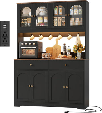 71" LED Kitchen Pantry Cabinet with Power Outlet, Tall Hutch, Black | Coffee bar Hutch Cabinet with 2 Storage