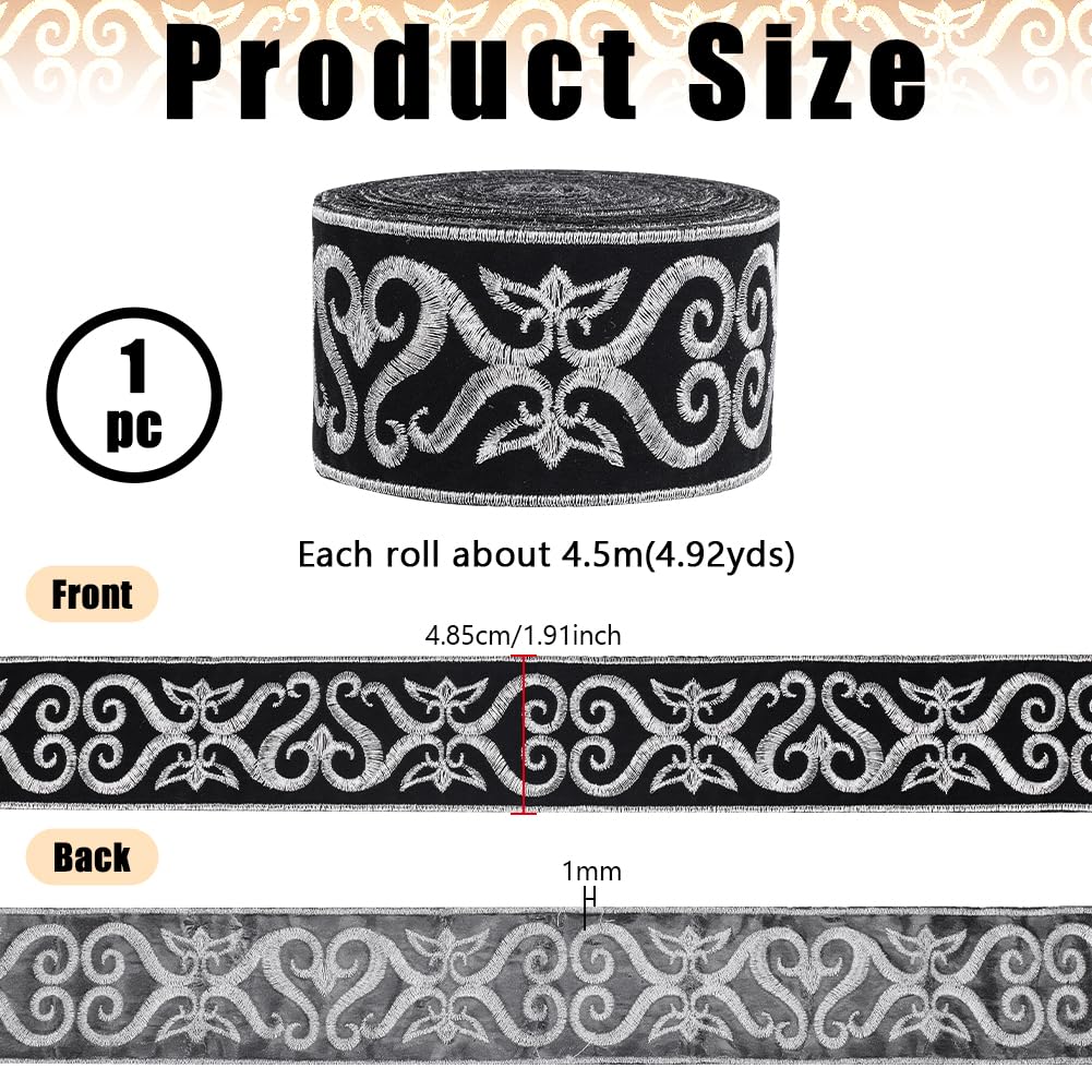 Black Silver Jacquard Ribbon, 1.9 Inch Hot Adhesive Floral Trim Iron on Sew on Embroidery Woven Ribbon for - 4.9 Yards