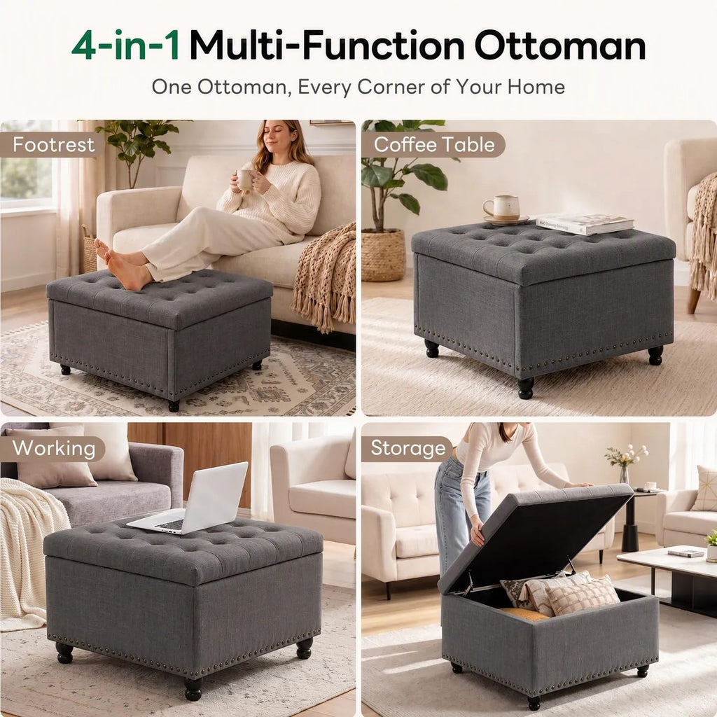 30 Inch Large Square Ottoman with Storage, Coffee Table, Dark Gray