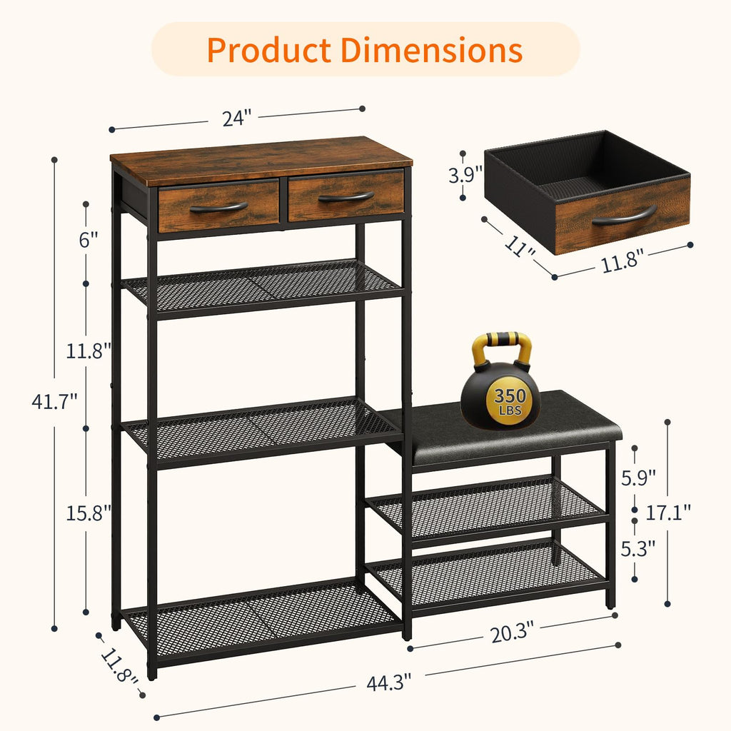 Shoe Rack Bench Shoe Rack, Cushioned Entryway Shoe Storage with 2 Drawers & 5-Tier Organizer, Metal Frame Wood Top