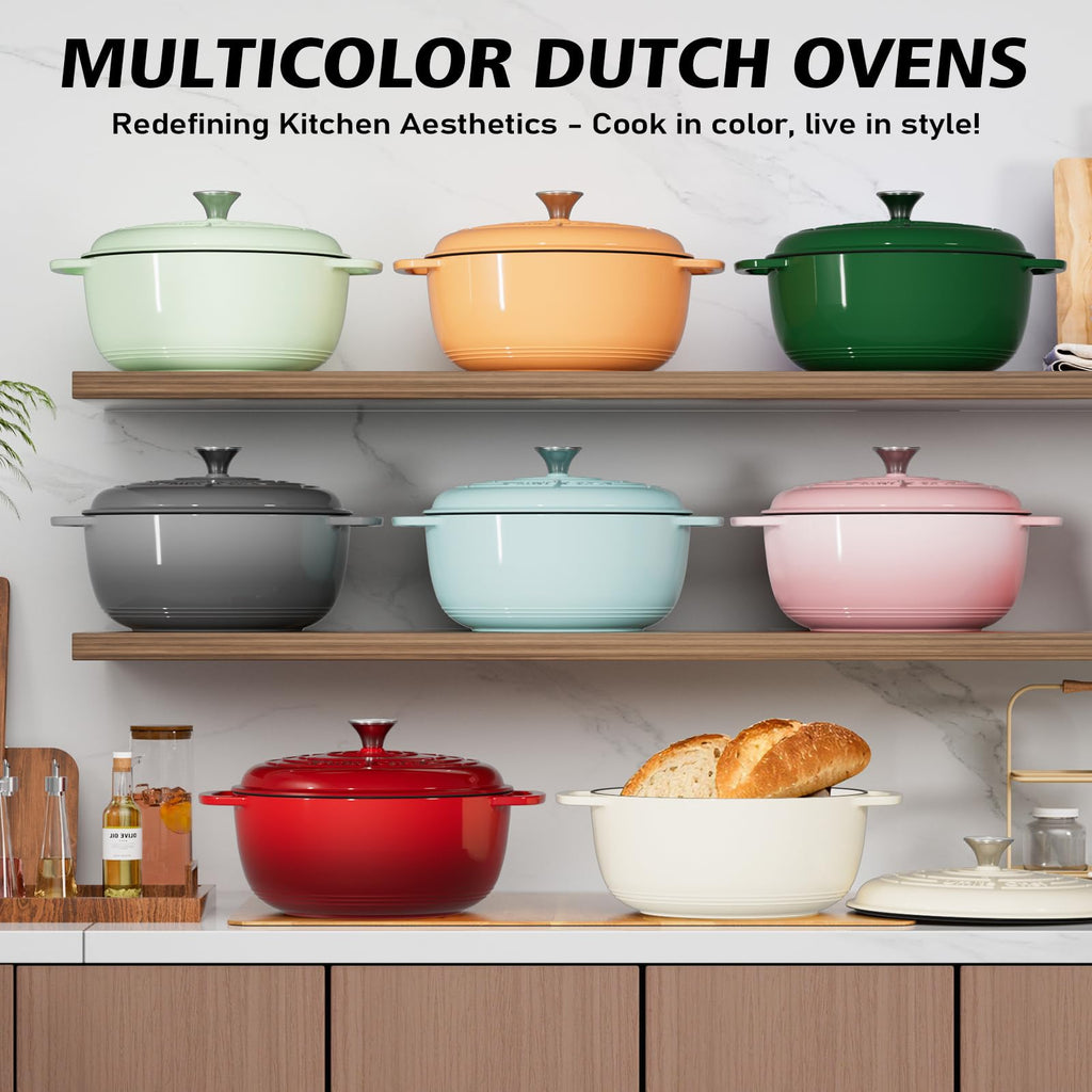 Enameled Cast Iron Dutch Oven - 6QT Pot with Lid & Cotton Potholders - Dual Handles -Versatile Heavy Duty Cookware