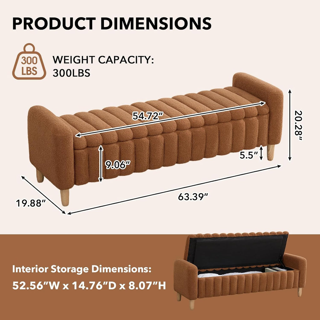 63.4" Storage Ottoman Bench, Flip-Top End of Bed Bench (Caramel) | Teddy Upholstered Entryway Bench, Channel Tufted