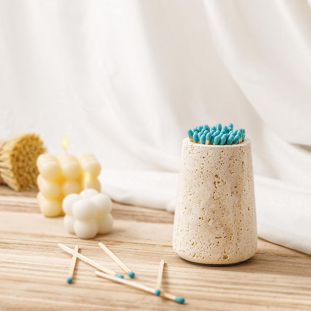 Travertine Match Holder with Striker & Extra Striker Pad - 2.9" x 3.9" Large Decorative Matchstick Organizer