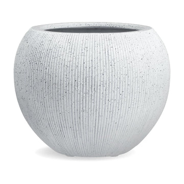 12" Dia - Ribbed Globo Fiberstone Round Planter - Speckled White