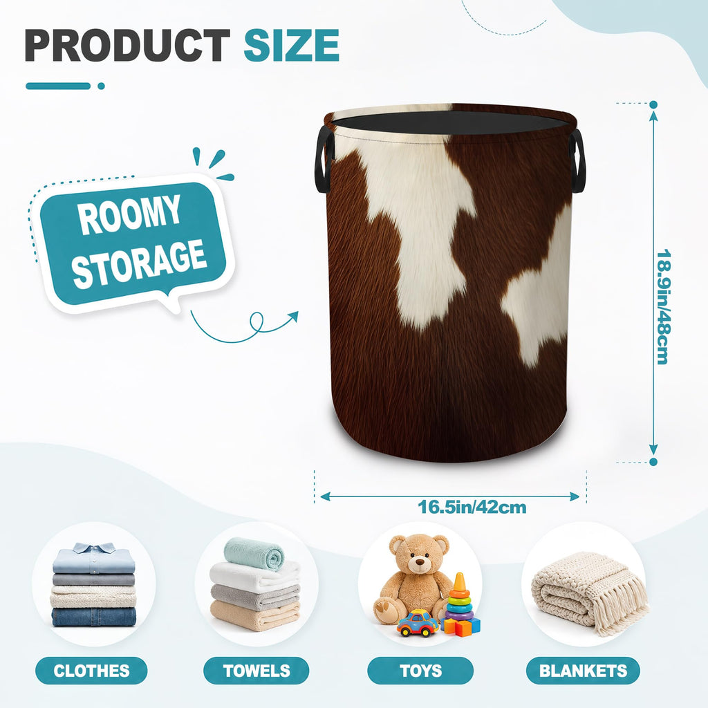 Laundry Hamper, Cowhide Western Collapsible Laundry Basket with Handles, Farmhouse Brown Waterproof Oxford Cloth