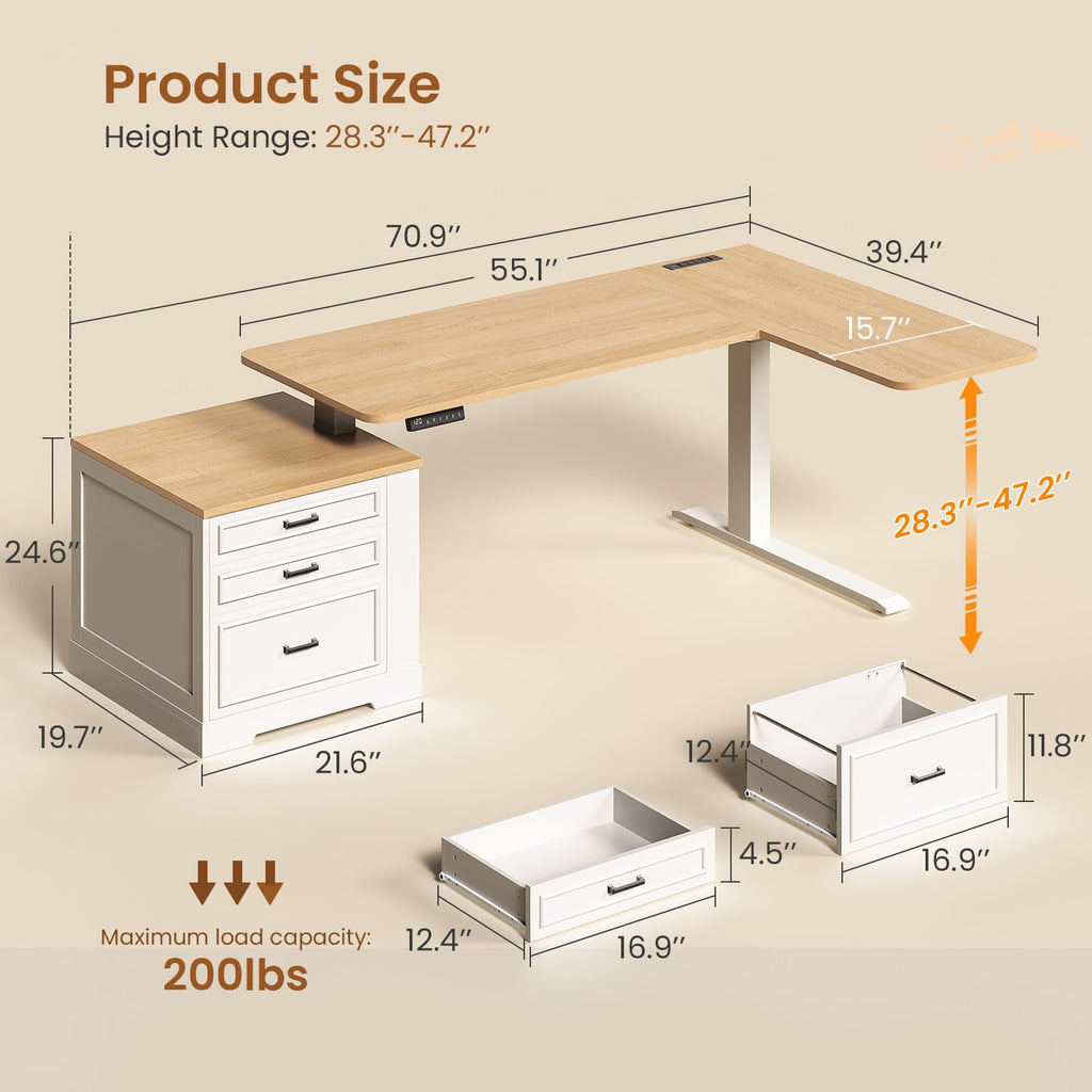 Farmhouse L Shaped Electric Standing Desk, 70.9" x 39.4" Height Adjustable Office Executive Desk with 3 Drawers