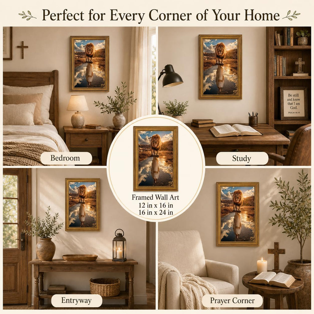 Lion of Judah Jesus Wall Art, Gold Framed Christian Decor, 12x16 inch