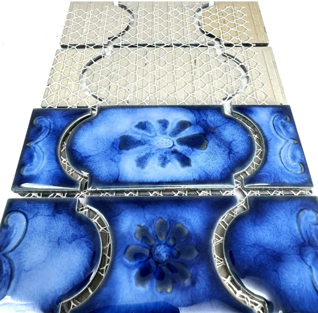 Marble Royal Blue Glossy Porcelain Mosaic Tile on 6x12 Mesh for Pool, Bathroom, Shower, Kitchen Backsplash, Accent