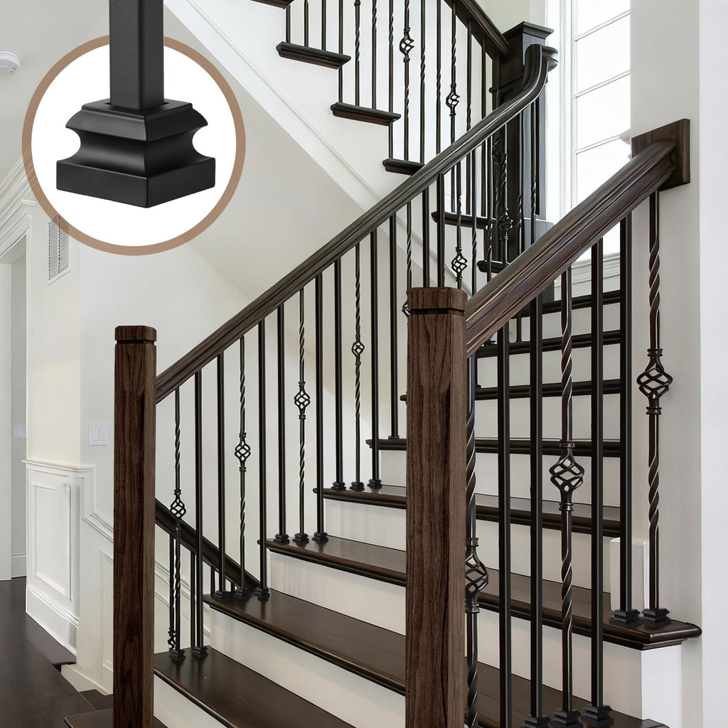 Stair Railing Kit, 16 Iron Balusters with Shoes and 2 Solid Red Oak Newel Posts, Complete Staircase Upgrade Set for