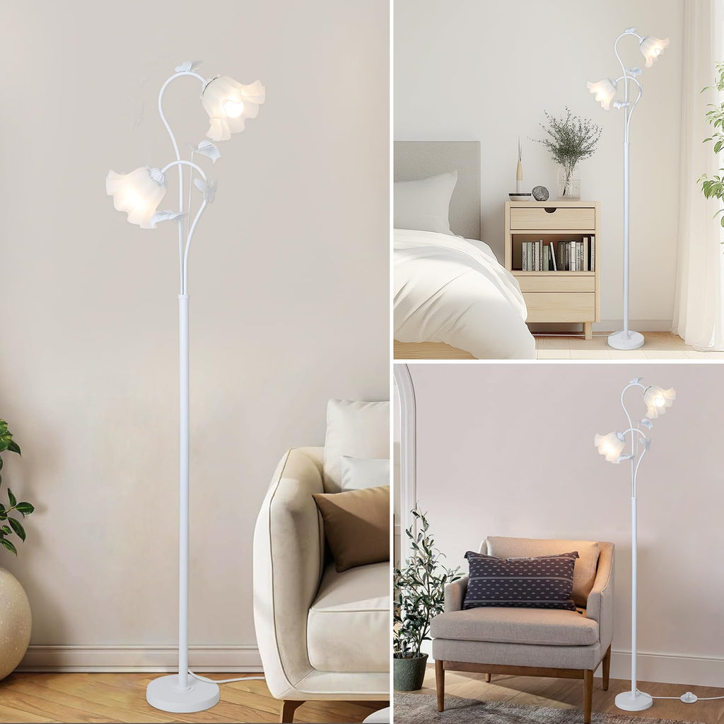 White Flower Standing Lamp, Floral Tall Lamp with 2 LED 5W Blubs, Foot Switch, Modern Corner Floor Lamp with Acrylic