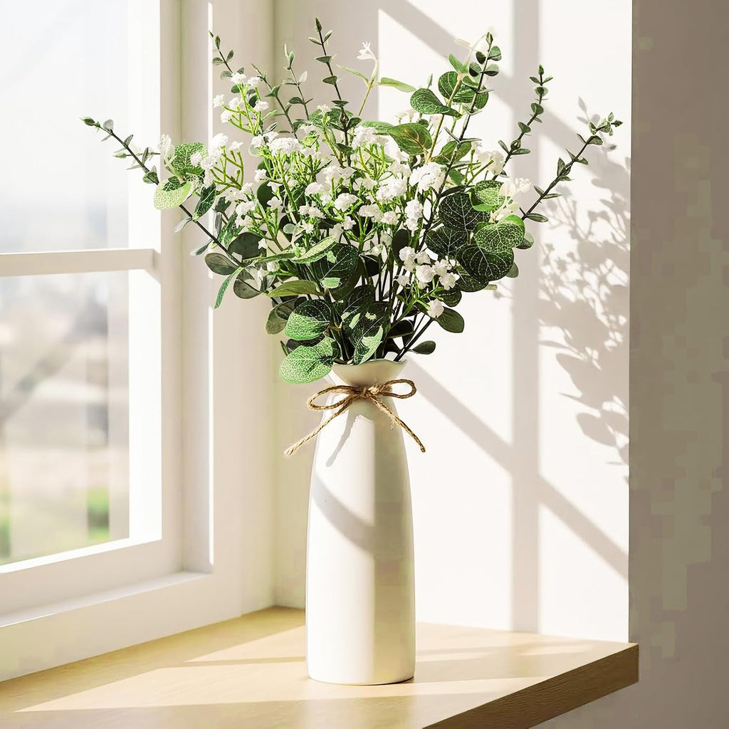 Artificial Flowers in Vase Set, Eucalyptus Stems and Baby's Breath Bundle - Set of 22