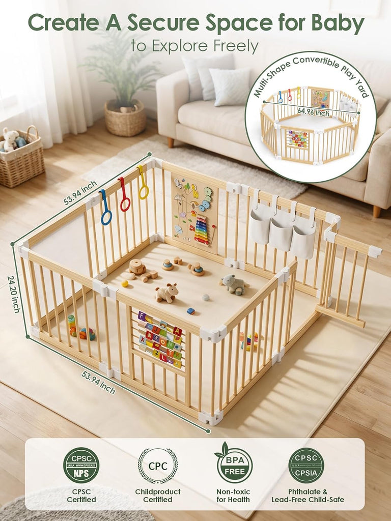 Foldable Baby Gate Playpen, Wooden Play Yard for Babies and Toddlers | Child-Safe Lock, Pre-Assembled for Quick