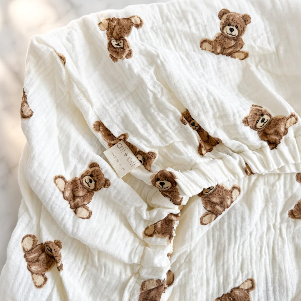 Teddy Bear Print Muslin Fitted Crib Sheet, Soft Breathable Cotton, 52 x 28 inches, Cream and Brown