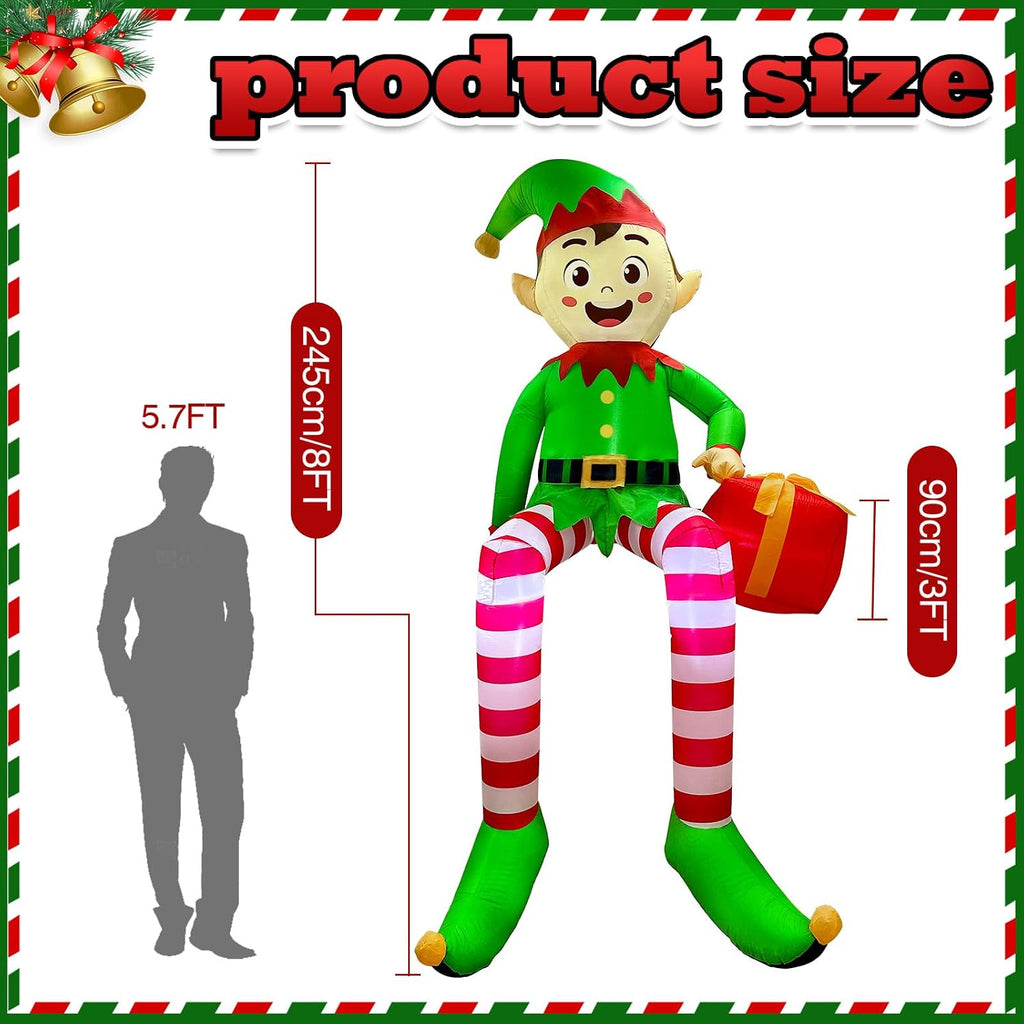 8 FT Christmas Inflatable Outdoor Decorations, Sitting Elf Holding Gift Bag Blow Up Christmas Decorations with