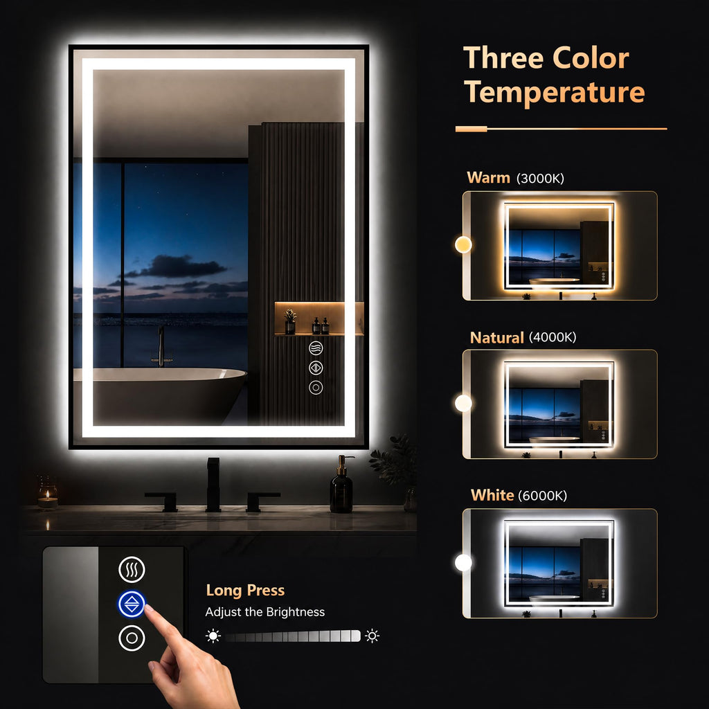 24X36 LED Bathroom Mirror with Lights, Vanity Mirror for Wall with Black Frame, Touch Control, Anti-Fog, Dimmable