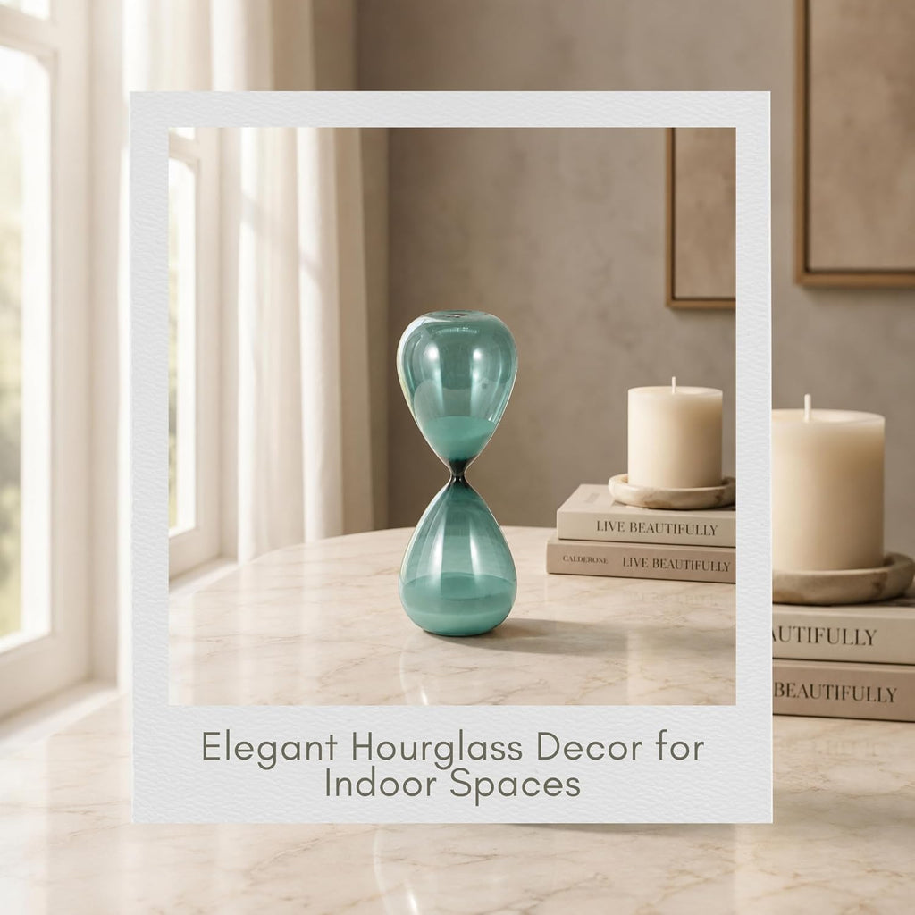 Bombara Teal Hourglass Decorative Object - Small Transparent Glass Sand Timer Modern Home Decor Accent - Shelf &