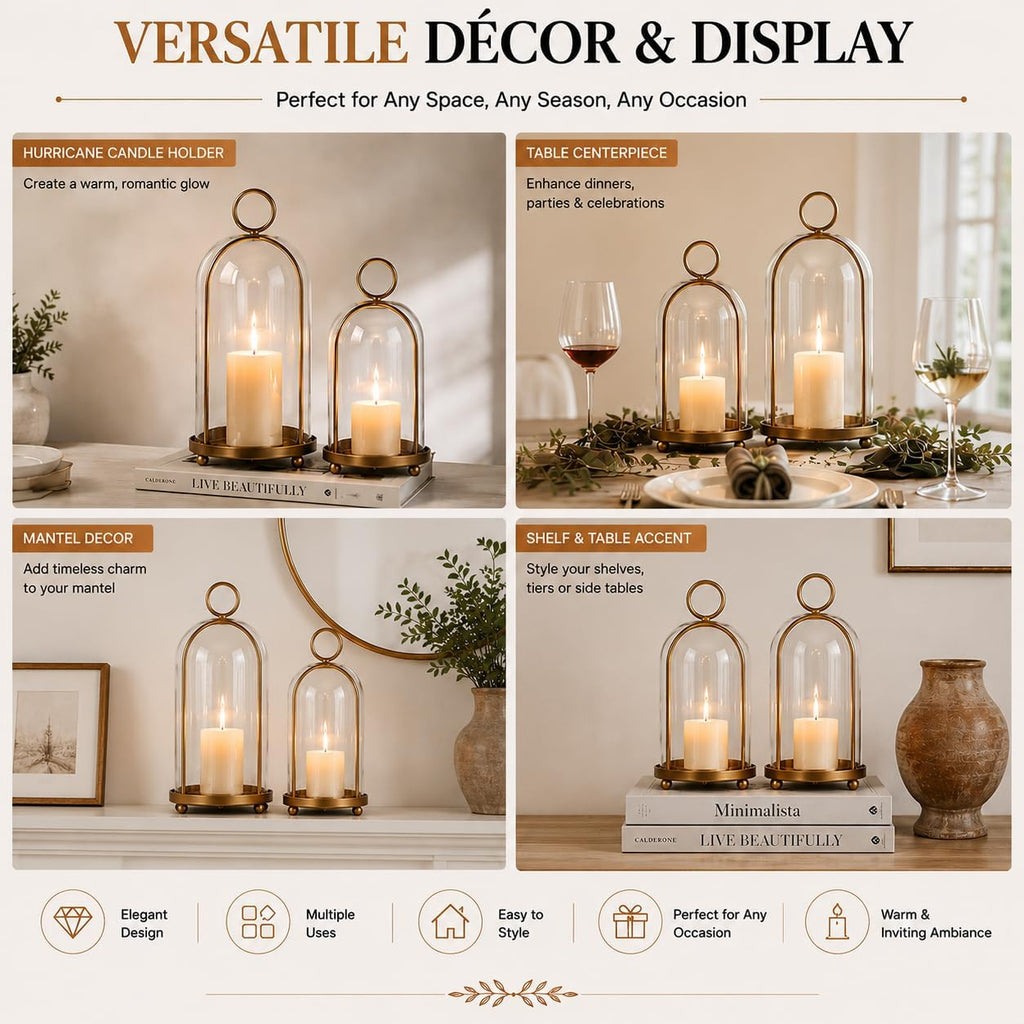 Set of 2 Candle Lantern, Candle Holders with Glass Dome 10" & 7.87" | Vintage Brass Design, Perfect for Pillar