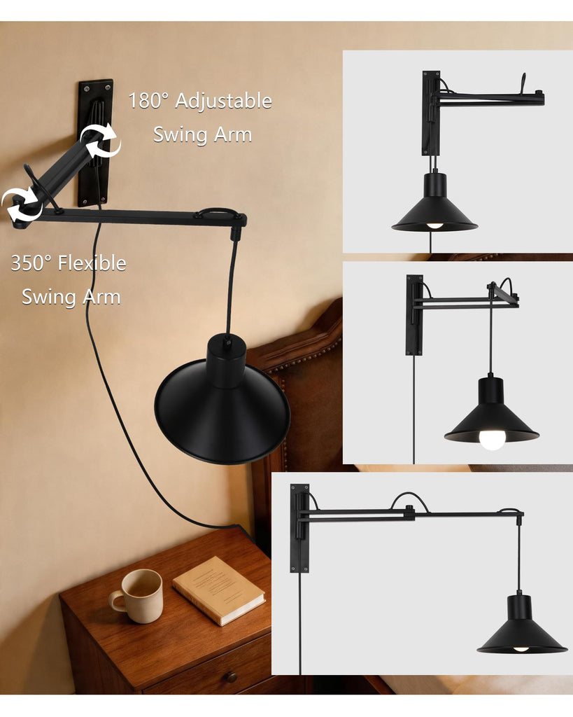 Plug in Wall Sconces, Swing Arm Wall Lamp with Dimmable Switch, Wall Sconce with Plug in Cord for Bedside Bedroom