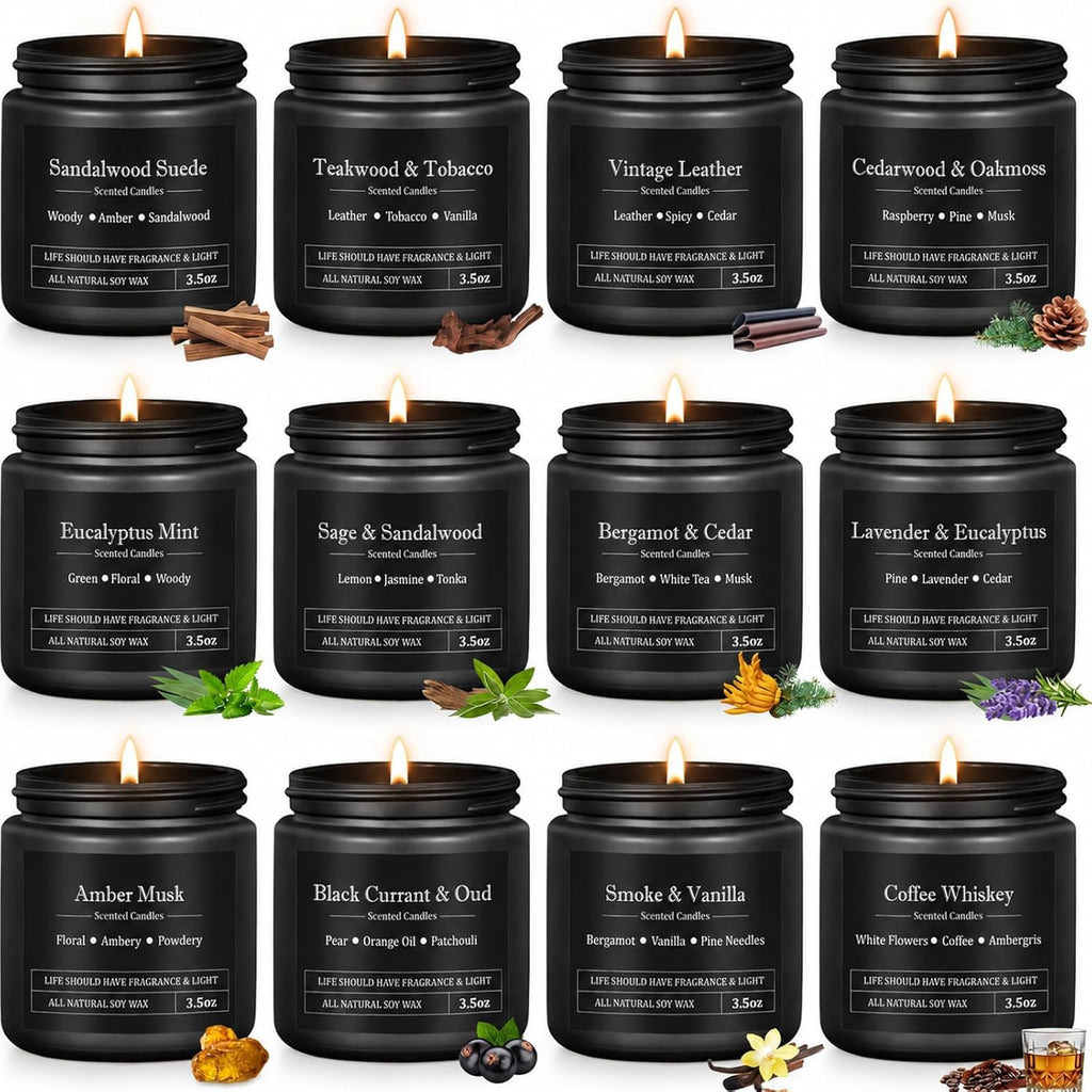12 Pack Scented Candles for Men, Masculine Soy Candle Gift Set, 3.5 oz Each, Woody Leather Tobacco Coffee & Amber