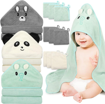 12 PCS Baby Towels Set, 3 PCS Baby Bath Towels & 9 PCS Washcloths Set, Animal Hooded Baby Towels for Infants