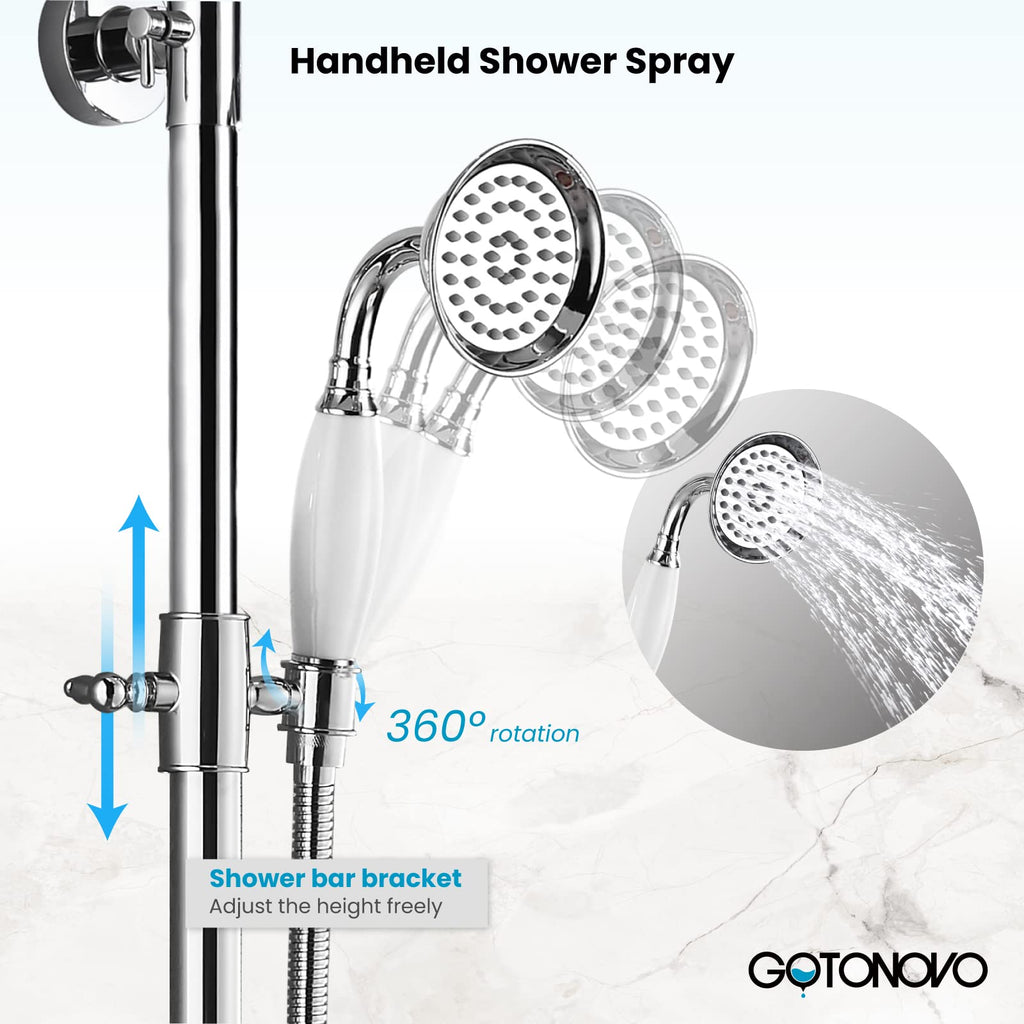 Exposed Shower System 8'' Head Polished Chrome, Shower Shelf