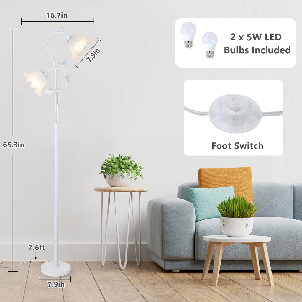 White Flower Standing Lamp, Floral Tall Lamp with 2 LED 5W Blubs, Foot Switch, Modern Corner Floor Lamp with Acrylic