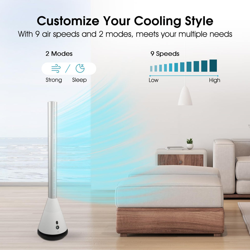 Bladeless Tower Fan with Remote, 80° Oscillating Air Circulator Fan, 9 Speeds, 8H Timer, Floor Fan Bedroom, Kitchen