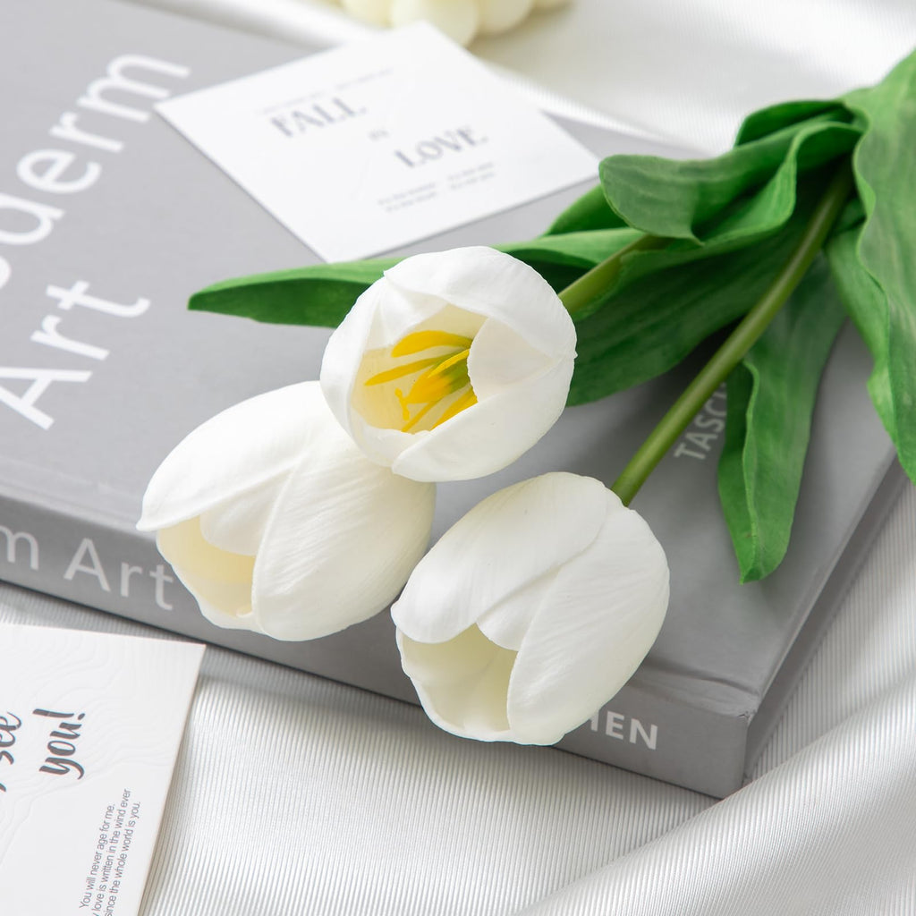 19'' Real Touch Latex Artificial Tulip Flowers, 6 Pack Milky White Faux Stems Decor, Table Centerpieces, Vase, Spring