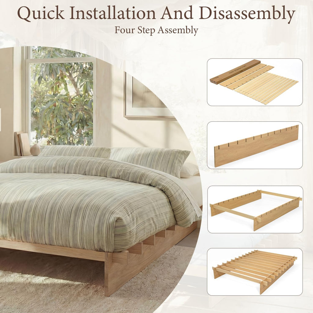Wood Platform Bed Frame, Platform Bed Frame with Wooden Slats, 10 Min Tool Free Assembly, Japanese
