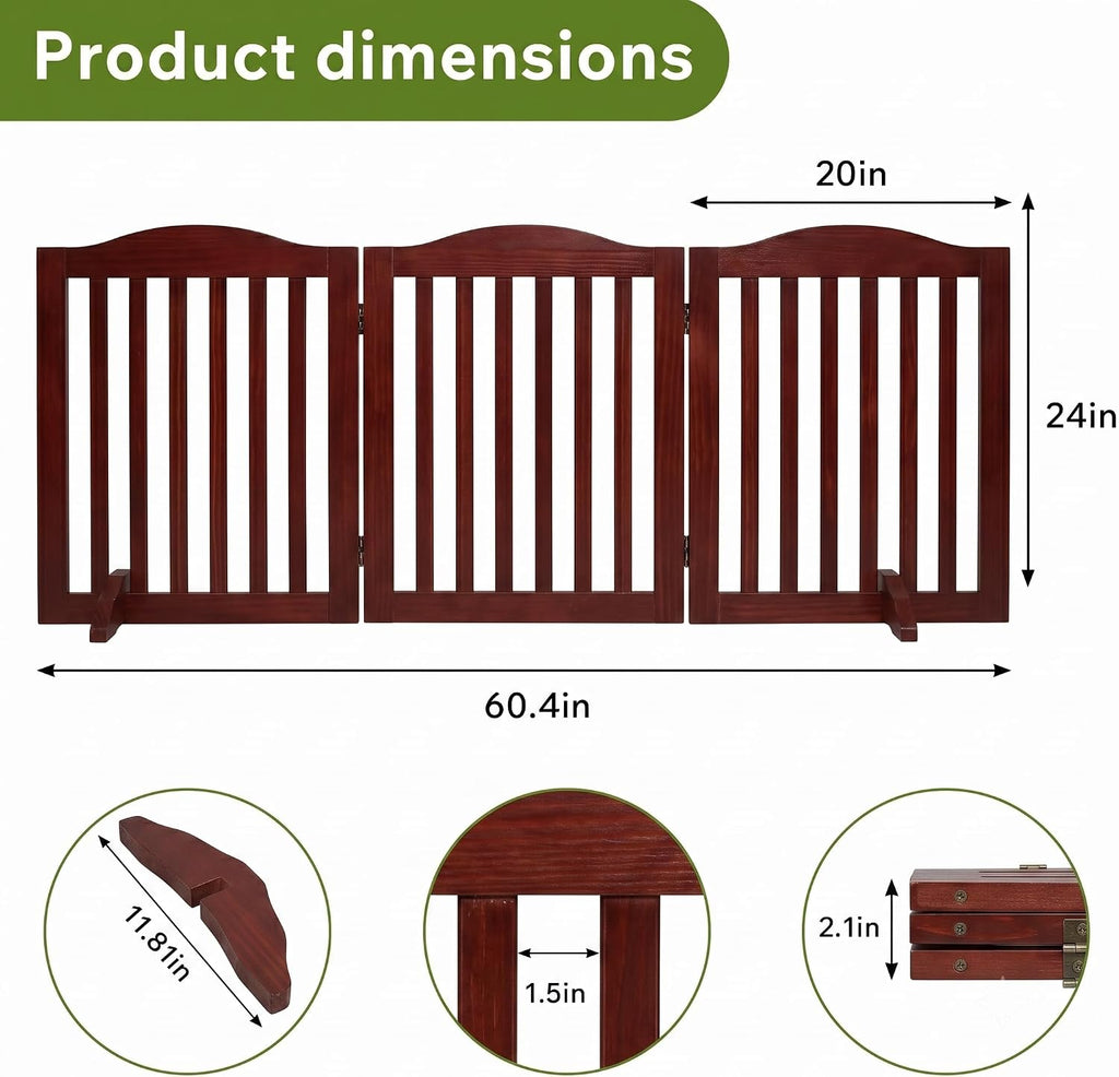 60'' Foldable Pet Gate Doorway for Dogs, Brown 3 Panels Step Over Fence